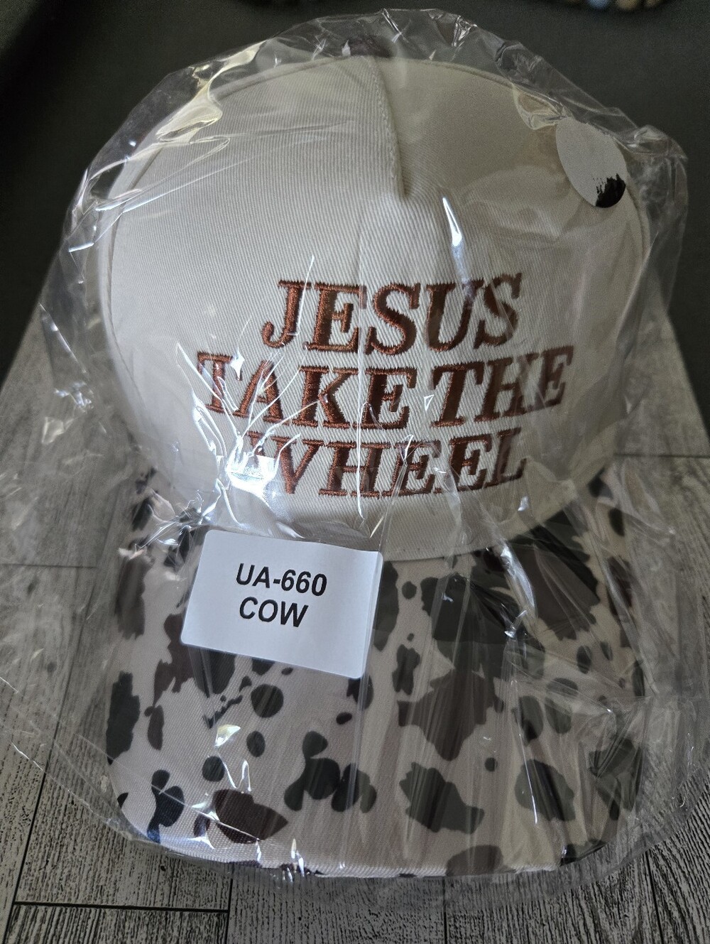 Womens Jesus Take The Wheel" Cow Print Trucker Hat - Cream & Brown